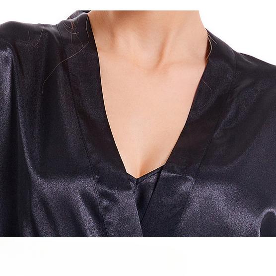 Женская домашняя одежда весна-осень средней длины, однотонная одежда для отдыха, сексуальный халат с V-образным вырезом, комплект из двух предметов, пижамная одежда из ледяного шелка