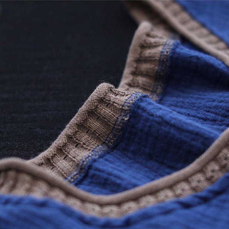 Ethnic Style Pure Cotton Retro Solid Color V-neck Bottoming Shirt Women's Loose Threaded Stitching Pocket Top