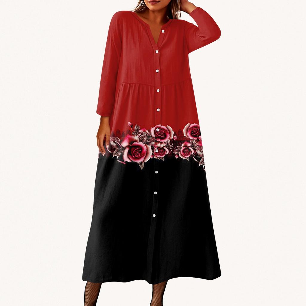 Женское модное платье-рубашка свободного кроя с принтом, круглым вырезом и рукавами семь четвертей на пуговицах