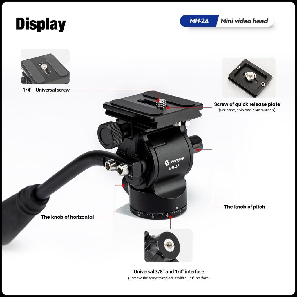 Fotopro Video Tripod Head with Quick Release Plate and Adjustable Maximum Load Capacity of for Compact Camcorders and Digital SLR Black MH-2A Pan-Tilt