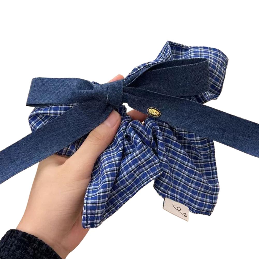 Korean Bow Denim Blue Plaid Square Scarf Large Intestine Headband Hair Square Female Band Hair H0K6