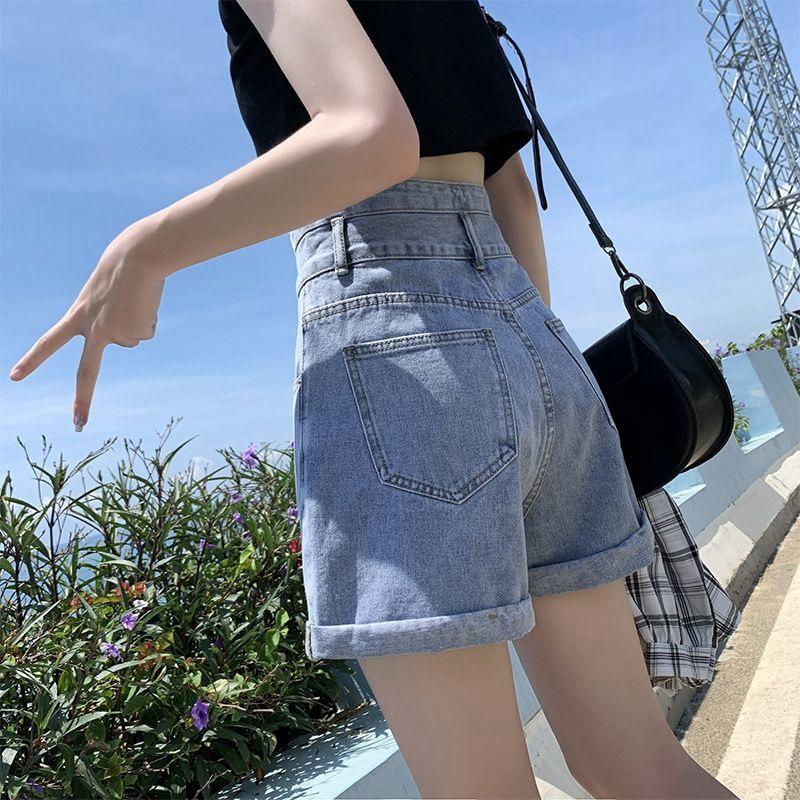 Pants Classic and Minimalist Fashion Versatile Thin Female High-waisted Double-breasted Thin Loose Wide-legged Pants Rolled Son Summer Denim Shorts