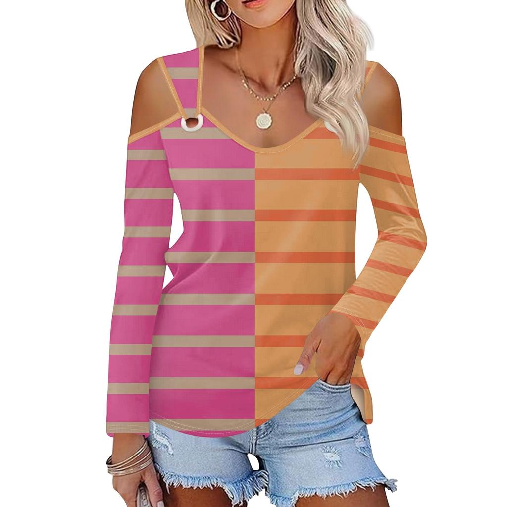 Женская повседневная рубашка-блузка с принтом, V-образным вырезом, сексуальным открытыми плечами, длинным рукавом