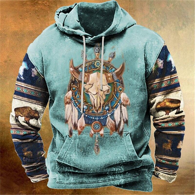 Мужская толстовка с капюшоном Western Cowboy Hooded Sweatshirt North America Demon Wendigo Printed Oversize Harajuku Clothes Vintage Streetwear