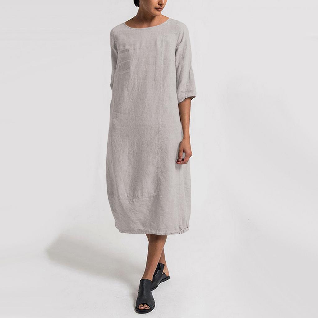 Women's Casual Loose Cotton Linen Mid Sleeve Round Neck Large Size Dress