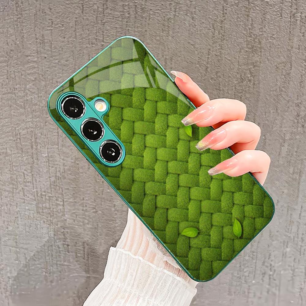 Плетеный травяной чехол для телефона Чехол для телефона со стеклом для Samsung Galaxy S26 S25 S24 S23 S22 FE Ultra Plus Встроенное стекло зеленый Изысканный