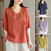 Women Summer Tops V-neck Half Sleeve Embroidery Pattern Pullover Tops Solid Color Loose Fit Commuting Style