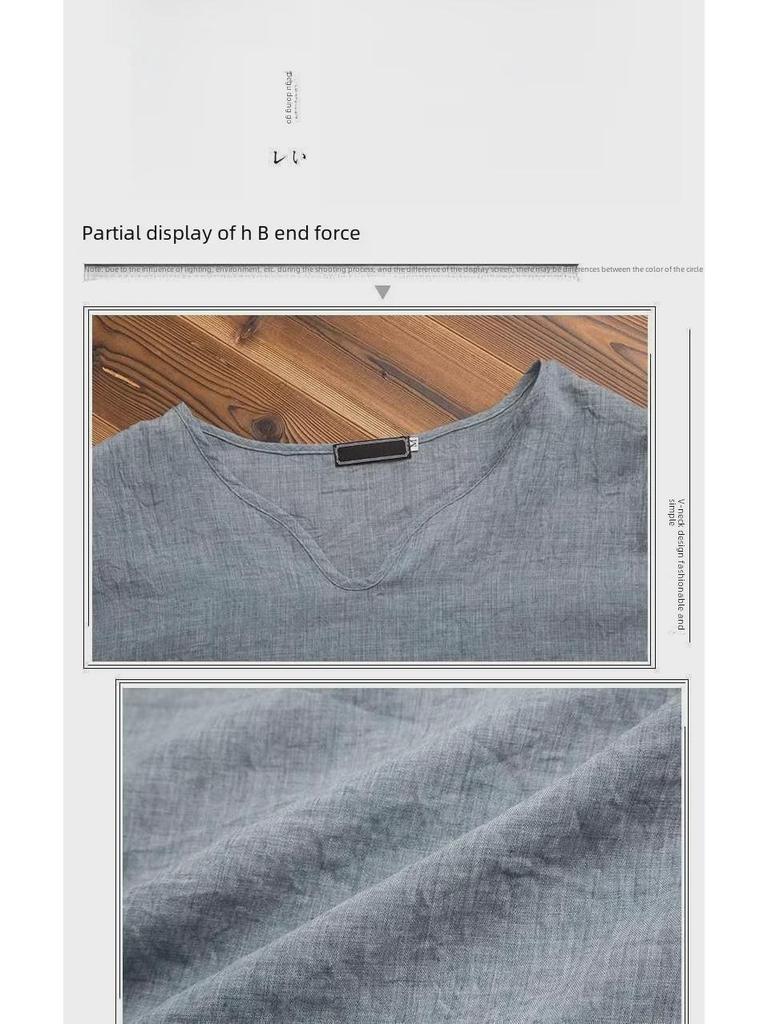 Мужская летняя корейская футболка из хлопка и льна с V-образным вырезом и коротким рукавом — дышащая, универсальная, модная, с коротким рукавом для больших размеров