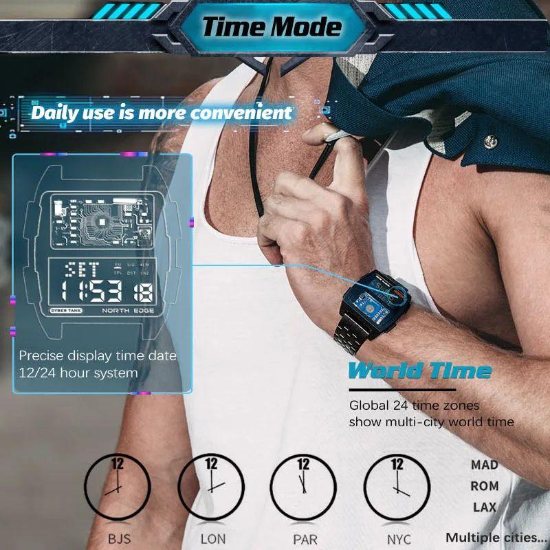 NORTH EDGE 2024 Мужские цифровые часы в стиле ретро, промышленный металл, водонепроницаемые, 50 м, спортивные часы для мужчин, мировое время, reloj de hombre