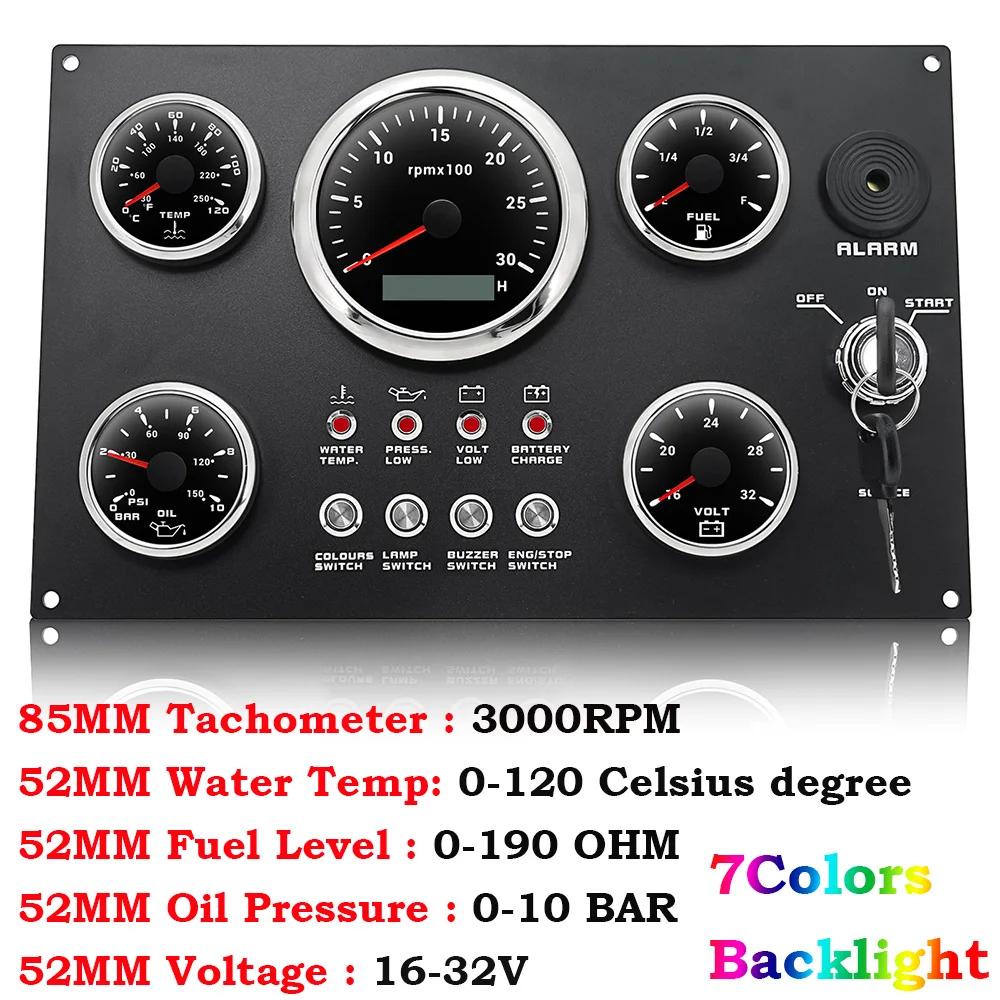 7 Color Backlight Marine Boat 5 Gauge Set 85MM Tachometer+Fuel Level Gauge+Water Temp Meter+Oil Pressure Gauge+Voltmeter 52MM