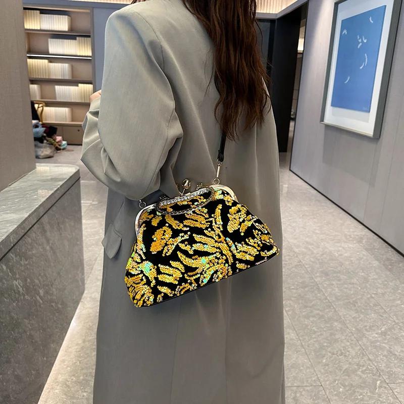 Женские роскошные сумки с кристаллами в виде ракушек и пайетками, блестящие сумки с цветами, синие сумки через плечо, сумки на ремне с золотой цепочкой, вечерний клатч