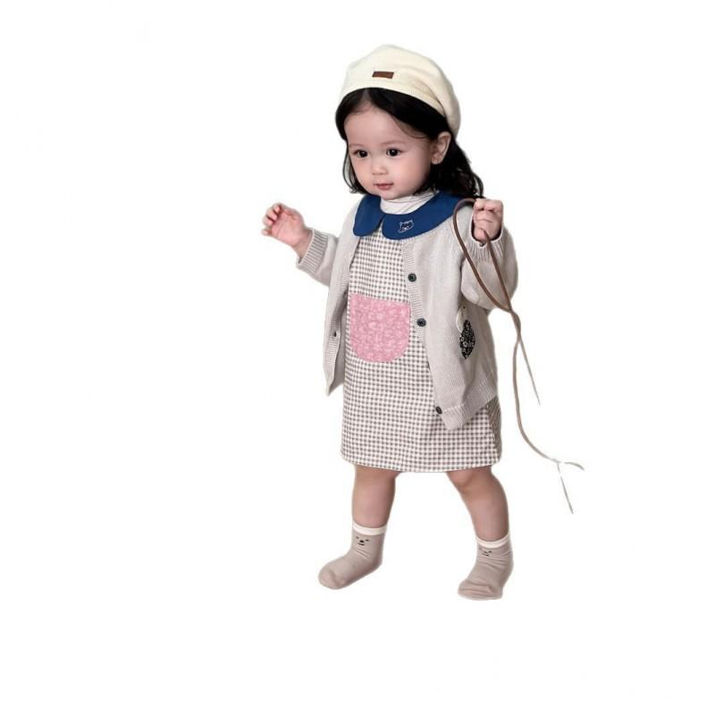 2025 Fall Baby Girl Plaid Dress Set Knit Cardigan Toddler Outfit