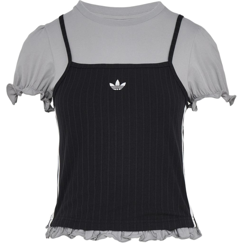 adidas Оригинальный комбинированный топ-майка в рубчик с пышной футболкой с коротким рукавом Черный Серый Женский KY3299