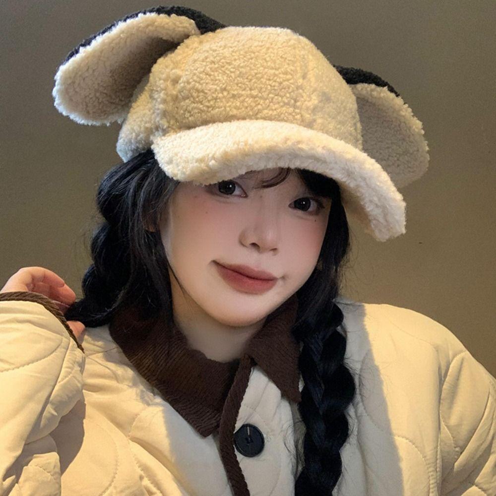 Sunshade Rabbit Ear Baseball Hat Adjustable Winter Peaked Cap Casual Lamb Wool Baseball Cap  Female