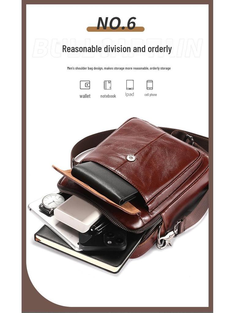 Мужская сумка кроссбоди BULLCAPTAIN из коровьей кожи - Ретро, Многофункциональная, Устойчивая к царапинам с защитой позвоночника