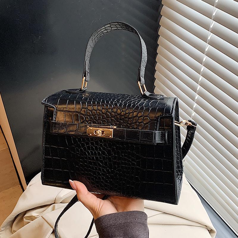 Portable Kelly bag women's 2025 new fashion crocodile pattern portable small square bag foreign style versatile shoulder messenger bag