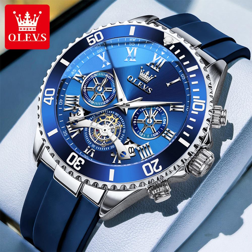 OLEVS Men's Watches Classic Trend Silicone Strap Original Quartz Wristwatch Flywheel Chronograph Waterproof Luminous Date 3730