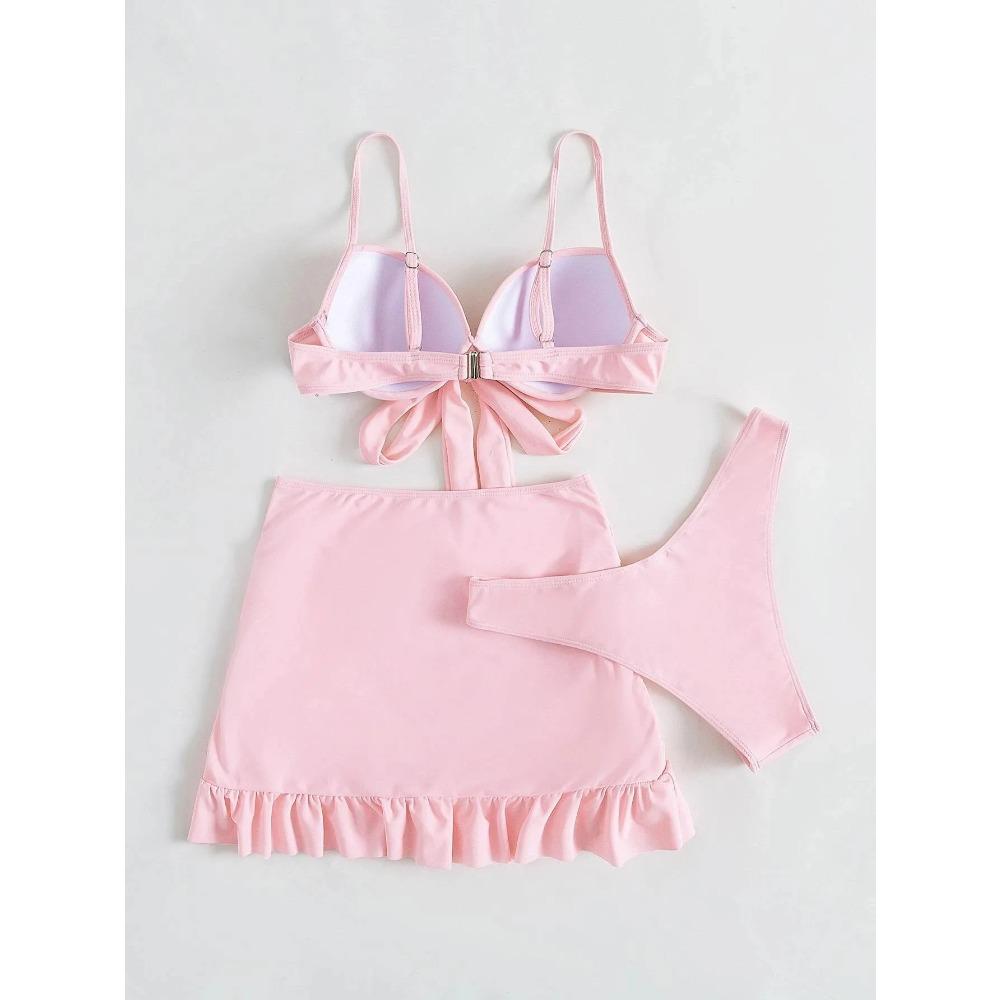 Женские слитные бикини-комплекты из трех предметов с бантом-галстуком, push-up, с мятыми рюшами, мини-юбка, купальник, пляжная одежда
