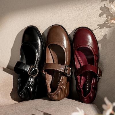 Плиссированная эластичная лента туфли Мэри Джейн женские толстый каблук круглый носок ремешок через подъем овечья кожа одинарные туфли маленькие кожаные туфли