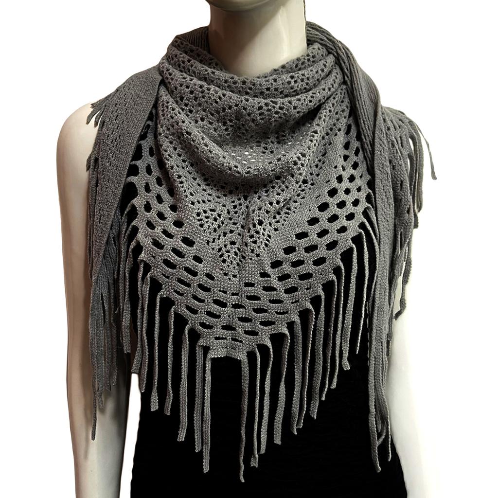 Women's Hollowed Knitted Triangular Scarf Imitation Cashmeres Soft Winter Shawl Wrap Neckerchief Blanket with Fringes