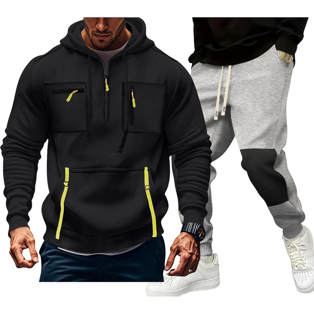 Men'S Hoodie Multi Pocket Hooded Long Sleeved Casual Sports Two-Piece Set