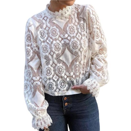 Воротник-стойка с длинными рукавами. Перспективная сексуальная рубашка. Вышивка. Цветочная вязаная крючком кружевная полая футболка. Топ. Уличная одежда.