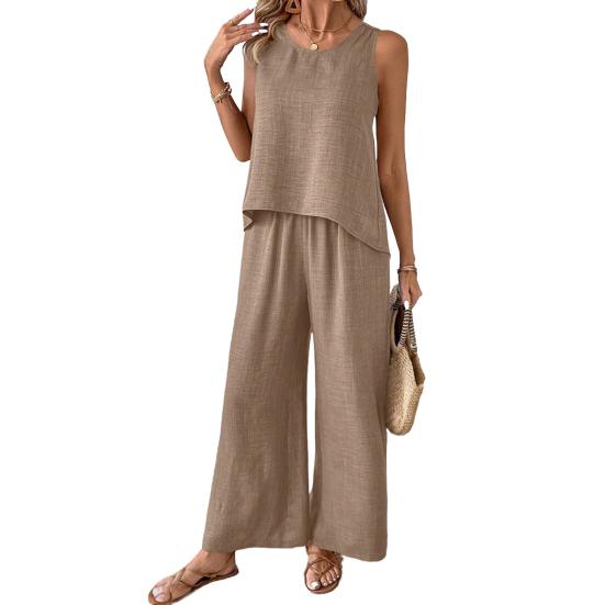 Женский комплект из двух предметов для отдыха, летний топ без рукавов с вырезом сзади и широкие брюки, повседневная одежда для отпуска и путешествий