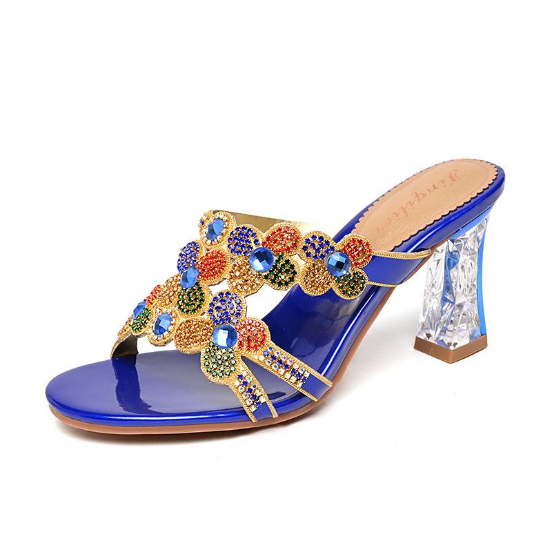 Модные удобные летние пляжные тапочки с открытым носком, женские босоножки на высоком каблуке со стразами и бриллиантами, модная нескользящая обувь для вечеринок