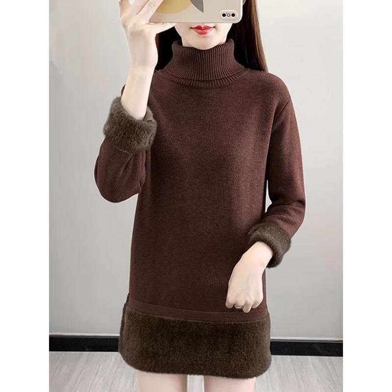 Зимний новый флисовый утолщенный термобелье базовый слой свитер женский с высоким воротом и длинными рукавами миди платье