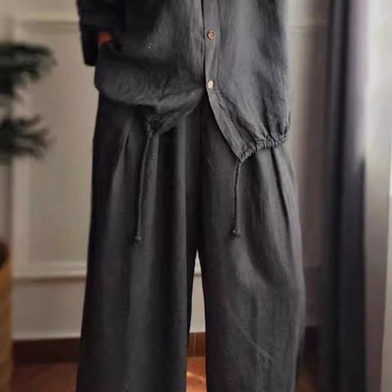 Женский комплект из хлопка и льна, 2 предмета, повседневная блузка с длинным рукавом на пуговицах и брюки с широкими штанинами, с кулиской по низу, для отдыха