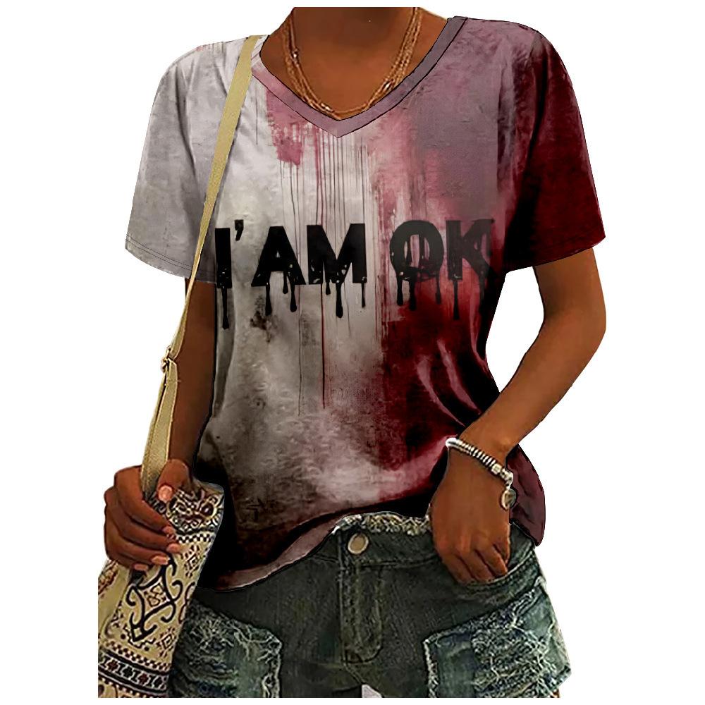 Футболка с коротким рукавом и V-образным вырезом в уличном стиле с надписью «Я в порядке, это не моя кровь»