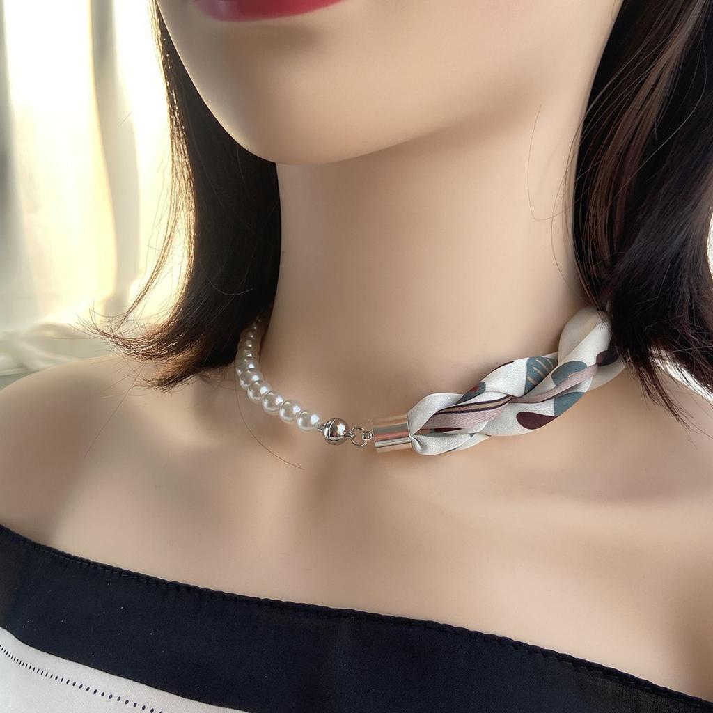 French Silk Scarf Necklace Imitation Pearl Clavicle Neck Magnetic Buckle Scarf
