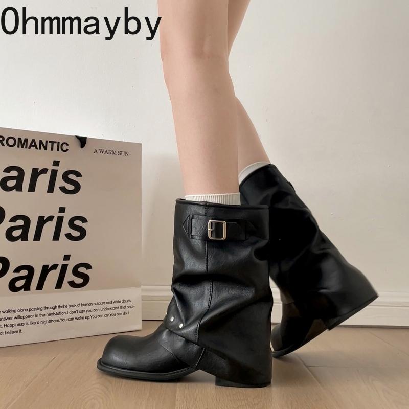 Зимние плиссированные женские западные ботильоны до щиколотки Модные туфли с заклепками и ремешком с пряжкой Женские лаконичные винтажные ботильоны на толстом каблуке