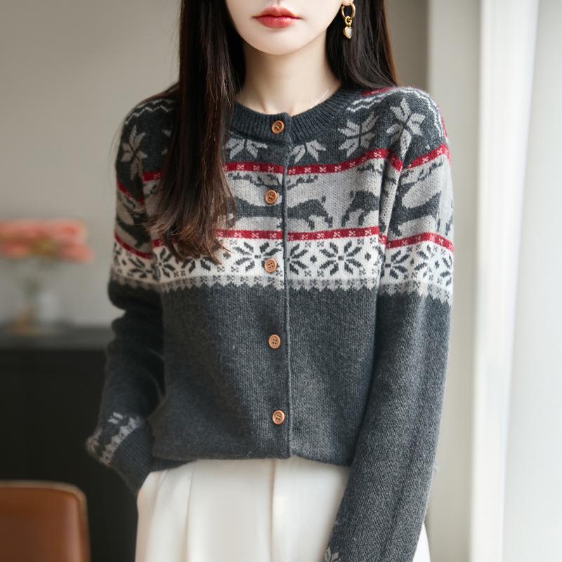 Женский вязаный кардиган в стиле Fair Isle - Свободный свитер-пальто с длинным рукавом для осени/зимы 2025