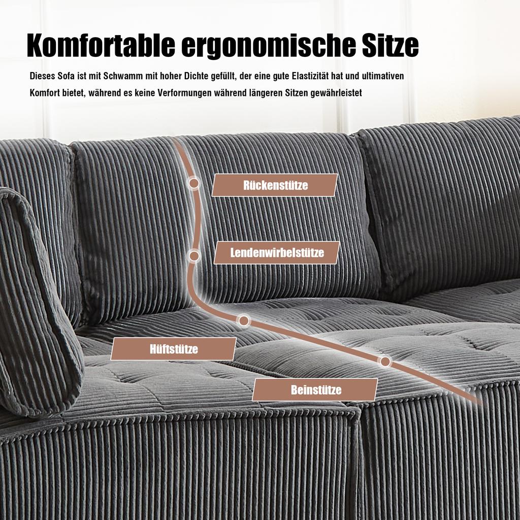 Modular 6-Seater Sofa, Corduroy, Ergonomic, Storage Pockets, Combinable as U-Shape/L-Shape/Sofa Bed, Wood and Metal Structure, Easy Assembly, Grey
