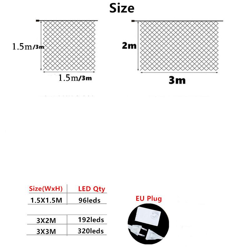 1.5x1.5/2x2/3x2m LED Curtain Light LED Fairy String Net Mesh Christmas Party Wedding New Year Garland Outdoor Garden Decoration