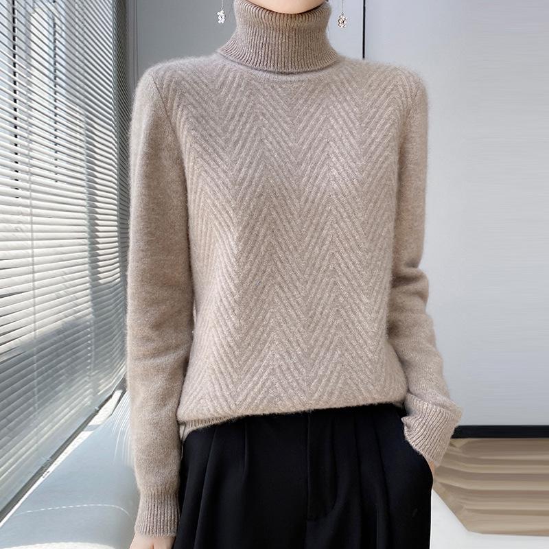 Women's High Collar Solid Color Loose Slimming Knit Pullover – 100% Pure Wool Base Layer Top for Autumn and Winter