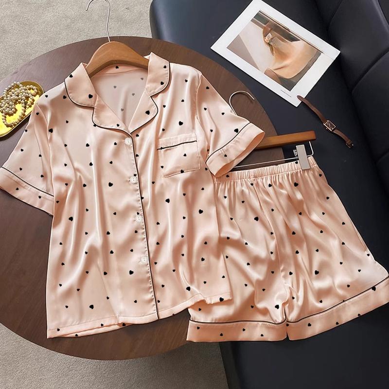 2025 Summer Short Sleeve Tops and Shorts Pajamas for Wome N Korean 2 Piece Set Silk Fashion Sleepwear Elegant Print Satin Pajama Set Young Girl