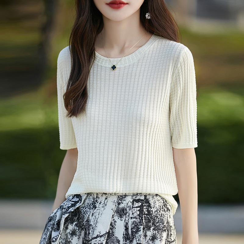 Tennis T-shirt Round Neck Waffle Solid Color Knitted Short-sleeved Women's Loose Half-sleeved Bottom Shirt Top