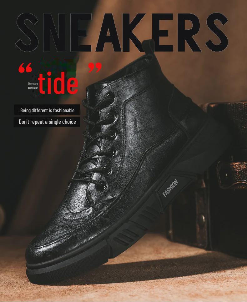 Мужские зимние ботинки-броги с высоким берцем из кожи - Теплые, Повседневные, на вельветовой подкладке