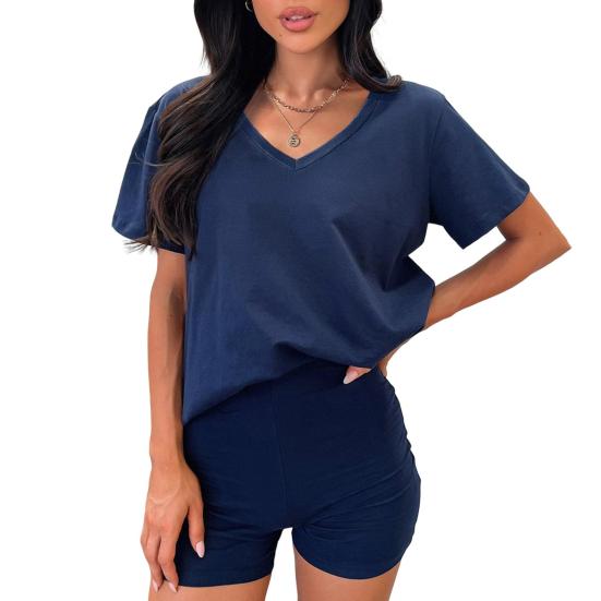 2 шт./комплект женский футболка шорты комплект костюм V-образный вырез короткий рукав однотонный свободный топ высокая талия мини шорты спортивный наряд повседневный спортивный костюм