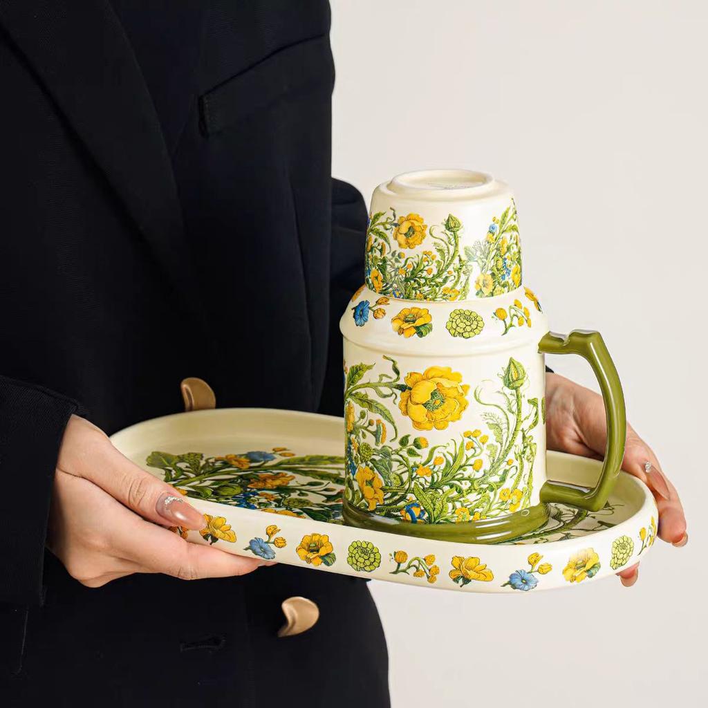 Французская Полулетняя Цветочная Кружка с Крышкой Керамический Чайник Чашка для Чая Офисный Ретро Изысканная Кружка Сувенир