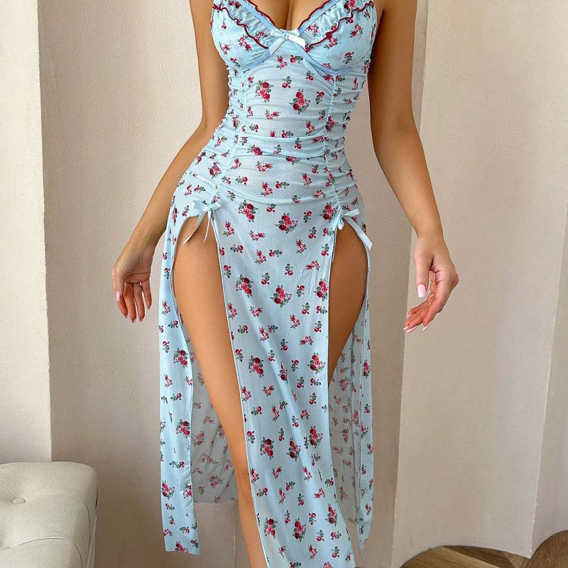 Женский комплект пижамы из полиэстера и спандекса с цветочным принтом, высоким разрезом, сборками, трикотажным полотном и топом без подкладки