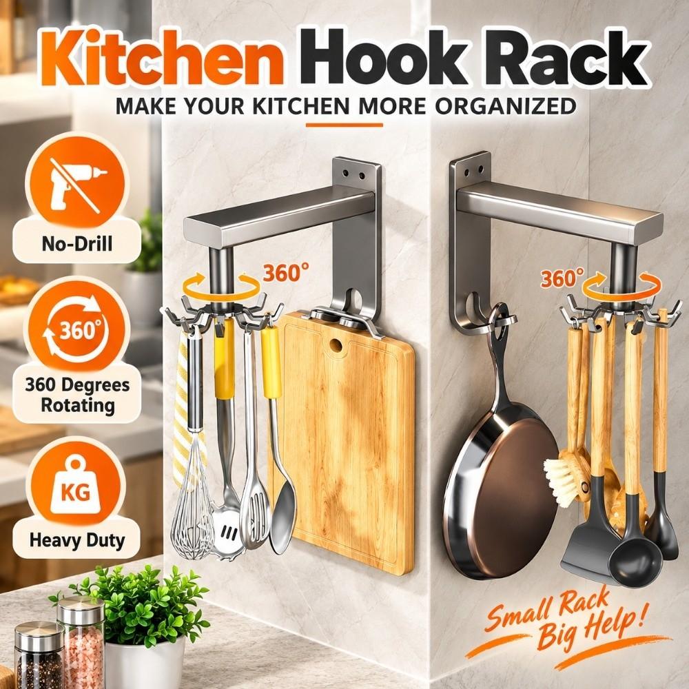 Wall Mounted Utensil Organizer 360 Degrees Rotating Kitchen Storage Rack Kitchen Hook Rack Kitchen