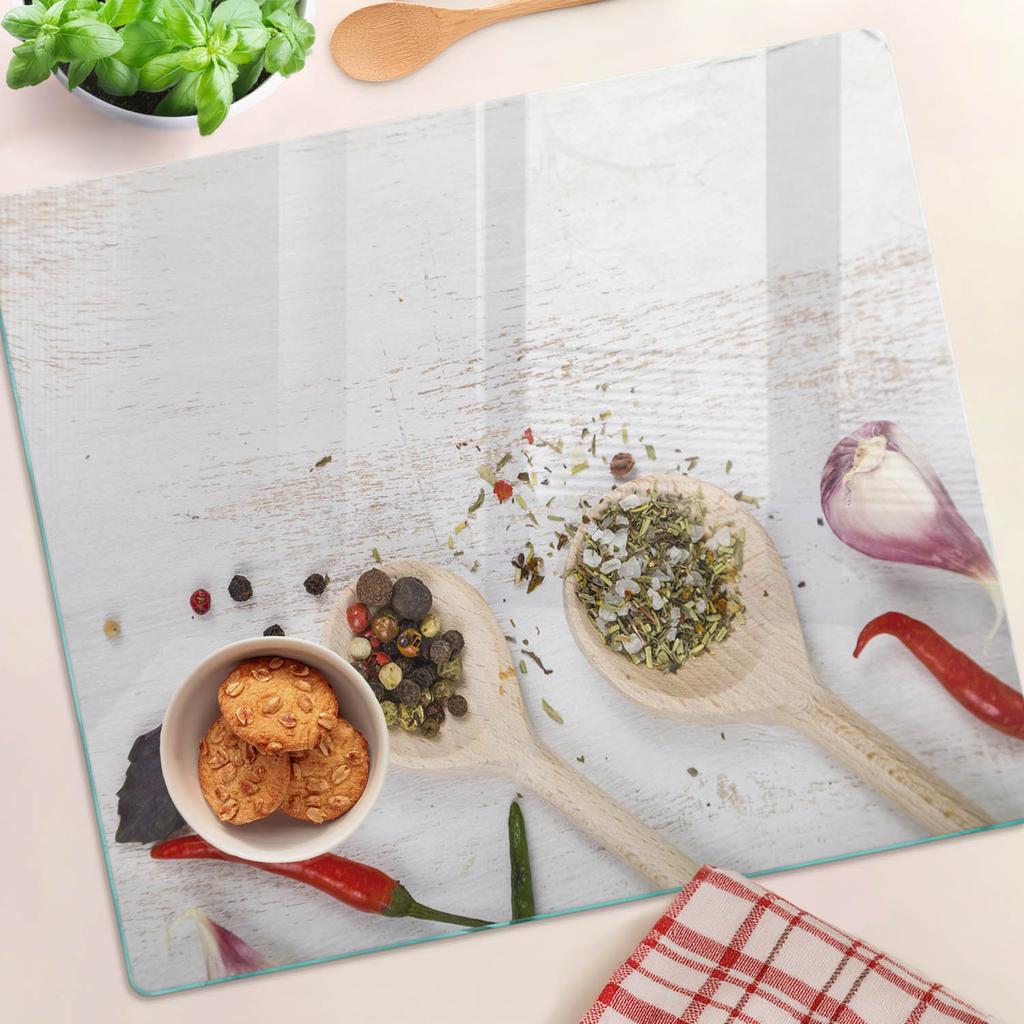 Glass Kitchen Chopping Board with Vegetables and Spices Graphics 60x52 cm