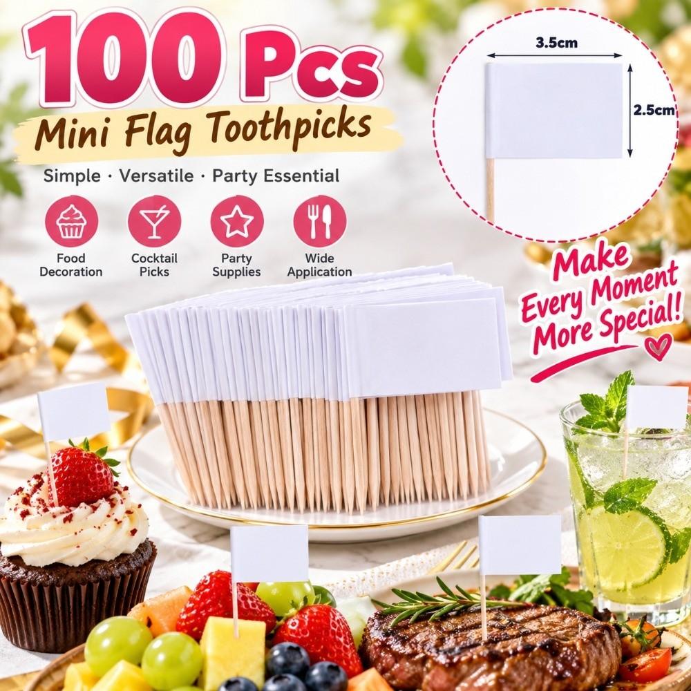 100 PCS Paper Wood Toothpick Flags Blank Design Cheese Markers Practical Cupcake Toppers Buffet