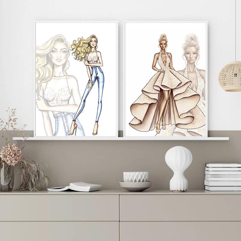 Современное модное платье для девочек, сумка, настенное искусство, скандинавская картина на холсте, домашние постеры, принты, настенные панно в Париже для декора гостиной