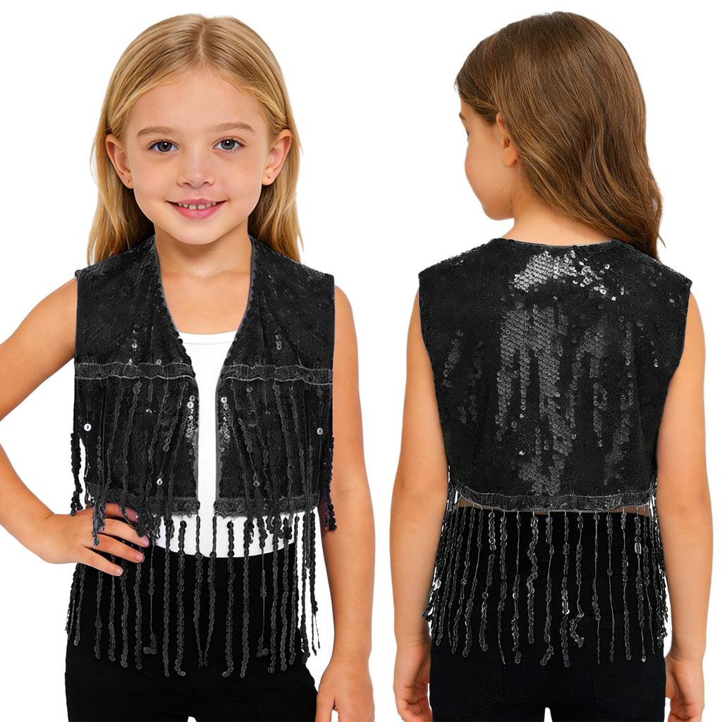 Sparkly Sequin Fringe Vest for Girls: Sleeveless Open Front Crop Top Waistcoat with Tassels, Perfect for Dance Recital & Show