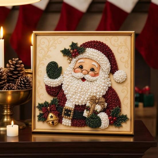 Sparkling 3D Painting Canvas DIY Christmas Faux Pearl Art Kit with Frame, Santa Stress Relief Crafting Activities Beads Craft for Adults Beginner,