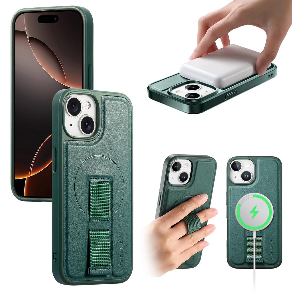 For iPhone 14/iPhone 13 6.1 inch Magnetic Case CASENEO Wristband PU Leather+PC Shockproof Phone Cover